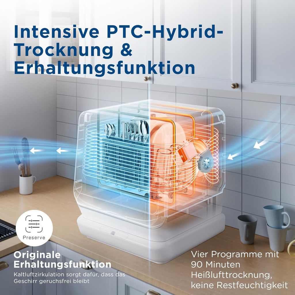 Gudsunal Tischgeschirrspüler, Mini Geschirrspüler mit 7L Wassertank,ohne Wasseranschluss, 6 Programme,72°C Hochtemperatur-Hygiene,Hybrid-Trocknung & Erhaltungsfunktion, Spülmaschine klein für Camping