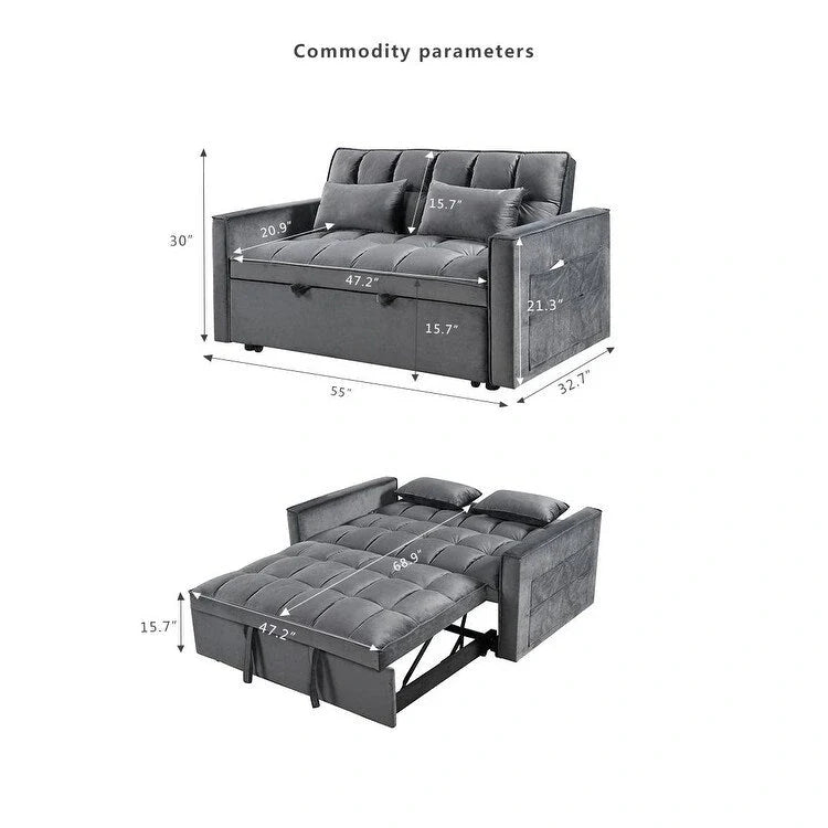 Modern Velvet Futon Loveseat with Reclining Backrest & Pockets, Seats 2 �?Dark Gray / Light Gray / Blue / Black