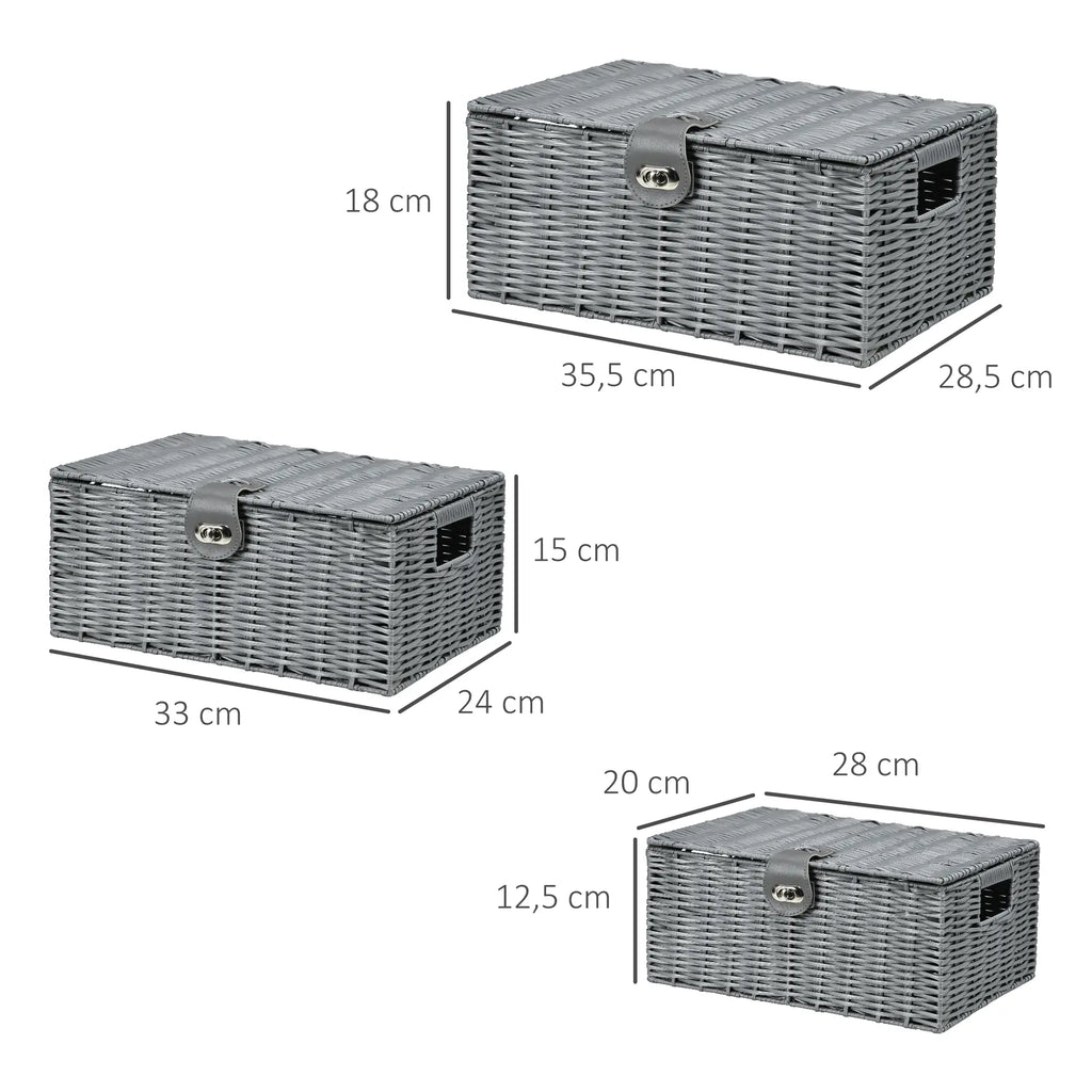 HOMCOM Aufbewahrungskorb 3er-Set handgeflochten mit Deckel