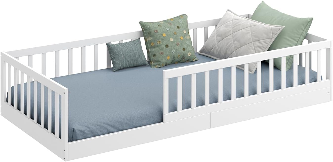 CADANI Timi 2in1 Bodenbett 140x200 cm Montessori Kinderbett mit abnehmbaren Rausfallschutz inkl. Lattenrost, Kiefer Massivholz, weiß - 3 Aufbauvarianten, bis 200 kg belastbar, umbaubar