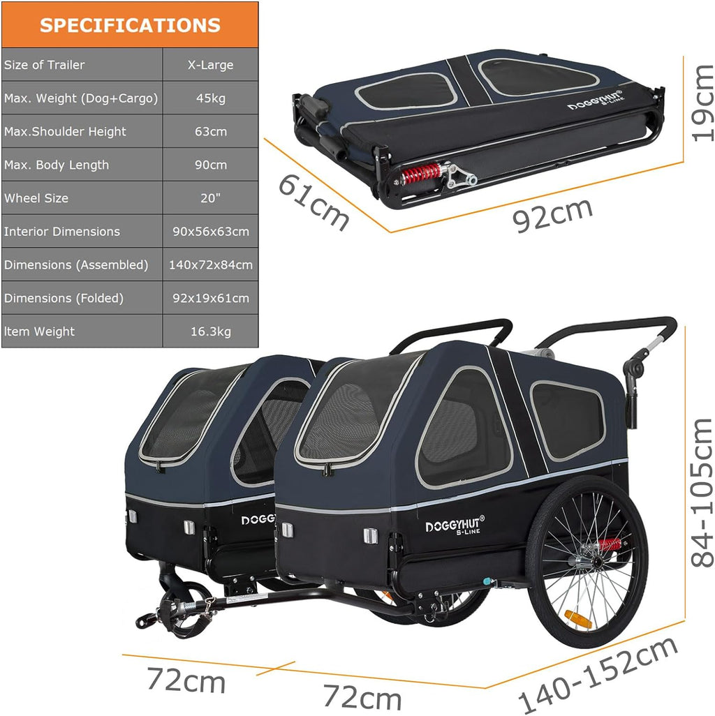 Doggyhut S-Line XL Hundeanhänger & Hundebuggy mit Federung 2 in 1 Hunde Fahrradanhänger Jogger gefedert bis 45 kg