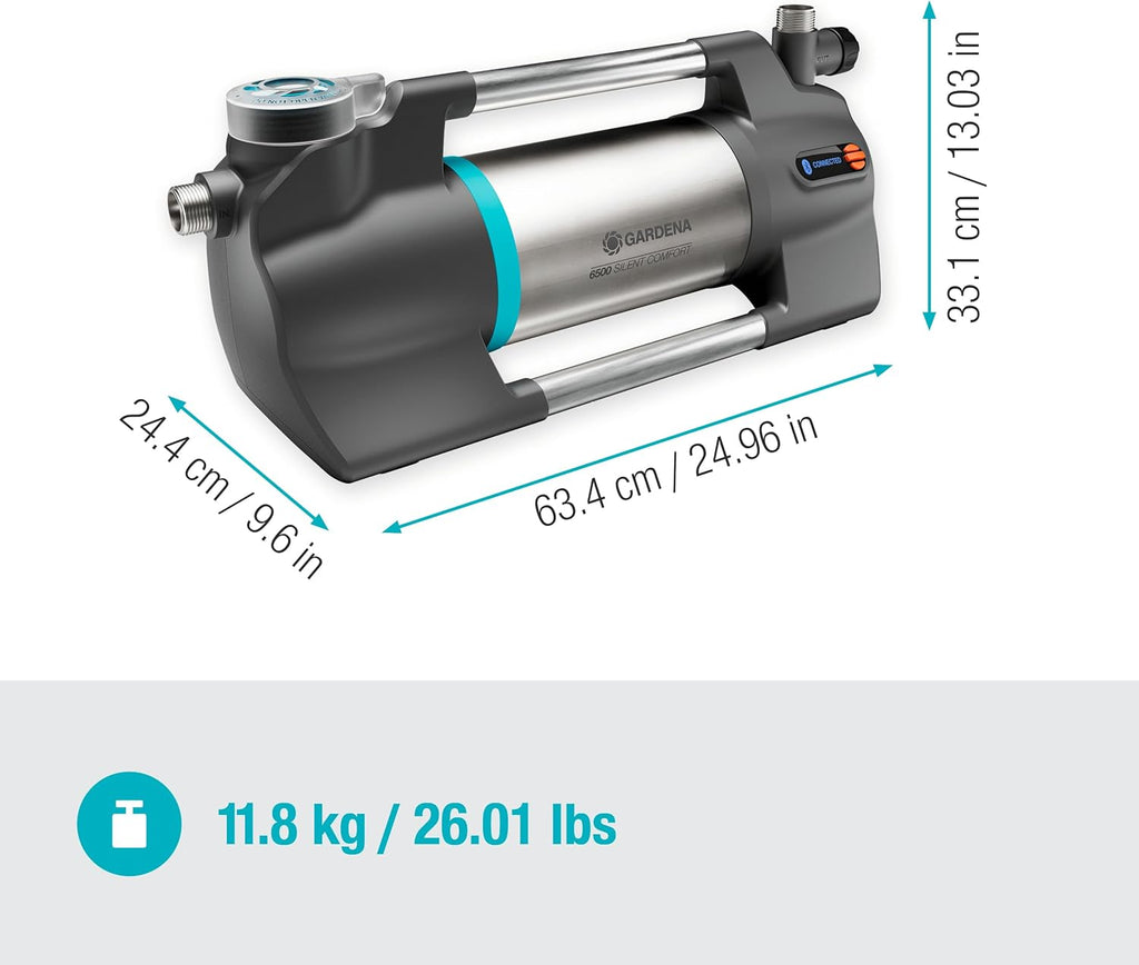 Gardena Gartenpumpe 6500 SilentComfort: Extra leise Bewässerungspumpe via App steuerbar, Fördermenge 6500 l/h, Trockenlaufsicherung, rostfreier Edelstahl, stromsparend und wasserfest (9059-20)