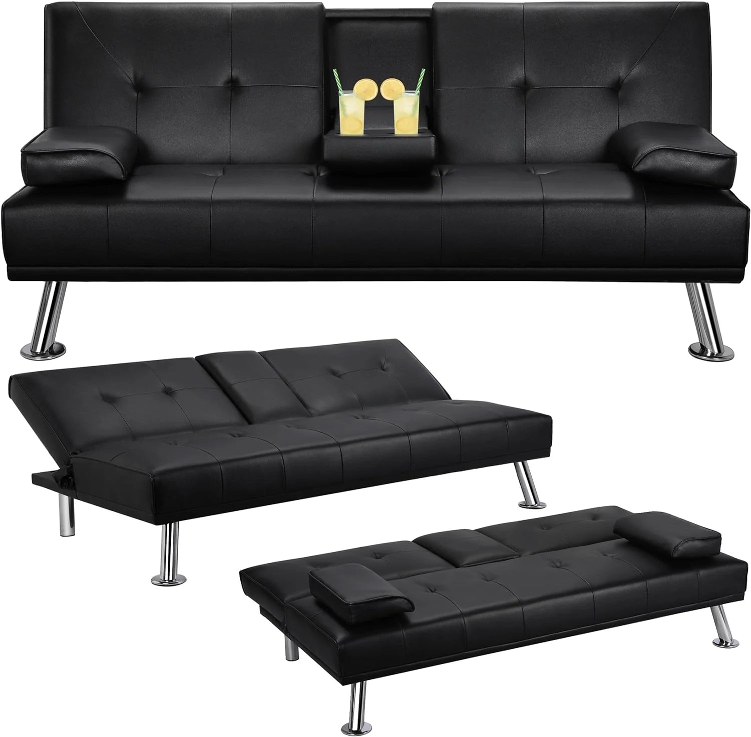 Yaheetech Convertible Sofa Bed Adjustable Couch Sleeper Modern Faux Leather Home Recliner Reversible Loveseat Folding Daybed Guest Bed, Removable Armrests, Cup Holders, 3 Angles, 772lb Capacity, Black