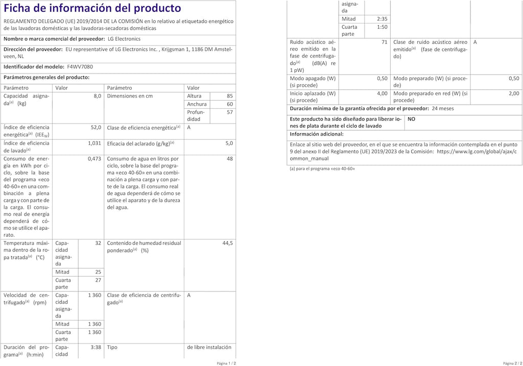 LG F4WV7080, Klasse A, Frontlader-Waschmaschine 8 kg, 1400 U/Min, AI Direct Drive, Wi-Fi, Tiefenreinigung mit Dampf, Große Kapazität, TRIPLE A, Außentür aus Sicherheitsglas, 62 x 60 x 85 cm ꟷ Weiß