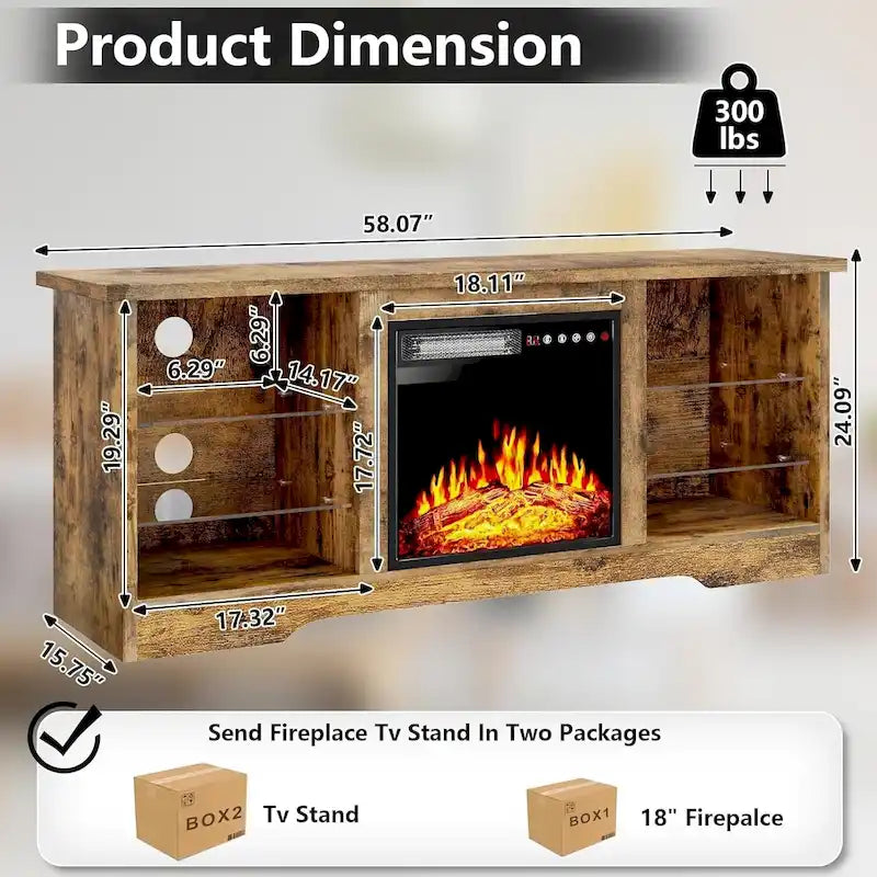 Bossin 58 Fireplace TV Stand with 18 Electric Fireplace,Modern Entertainment Center for 65 TVs,TV Console