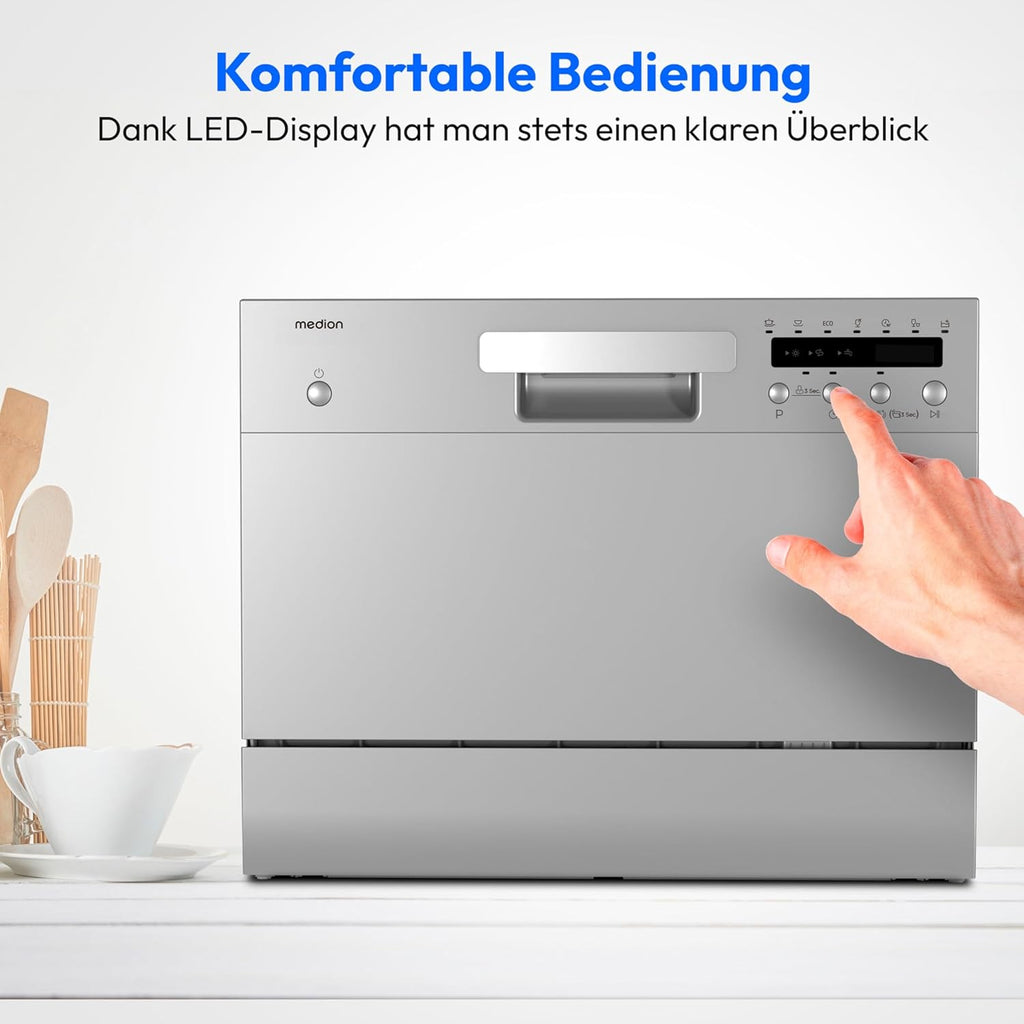 MEDION Tischgeschirrspüler DWT60 (6 Gedecke Fassungsvermögen, 7 Programme, ECO Programm, ca. 6,5 Liter Verbrauch, AquaStop, LED Display, Kindersicherung, MD37496) silber