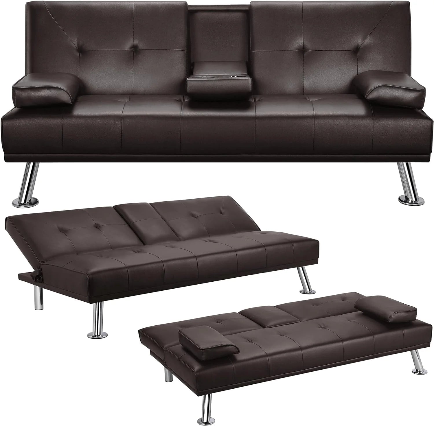 Yaheetech Convertible Sofa Bed Adjustable Couch Sleeper Modern Faux Leather Home Recliner Reversible Loveseat Folding Daybed Guest Bed, Removable Armrests, Cup Holders, 3 Angles, 772lb Capacity, Black