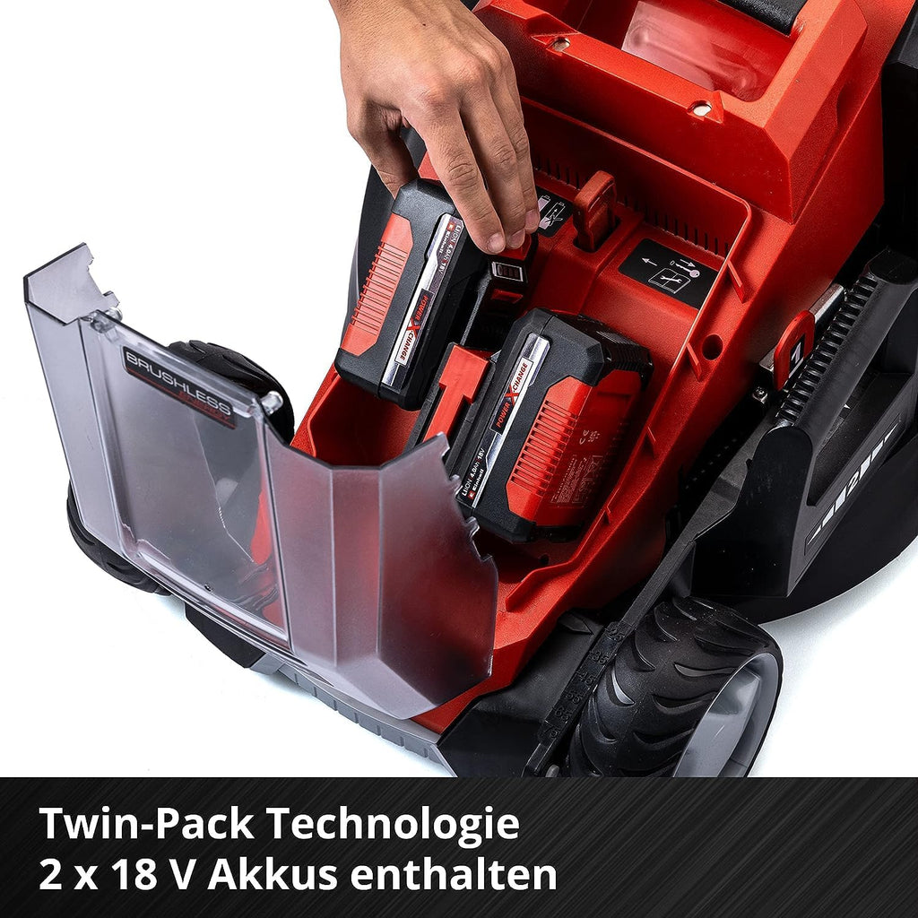 Einhell Akku-Rasenmäher GE-CM 36/36 Li Kit Power X-Change (36 V, 36 cm Schnittbreite, bis 400 m², Brushless, 40L Fangkorb, 25-75 mm Schnitthöhe, inkl. 2x 4,0 Ah Akku + 2x Ladegerät)