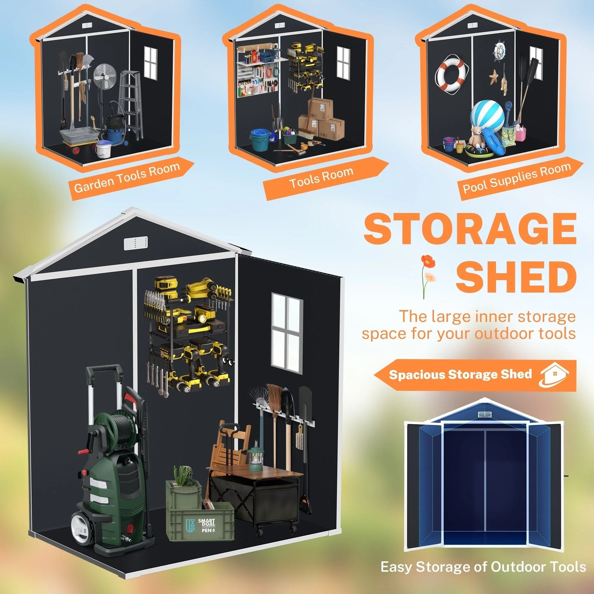6 ft x 4 ft/6 ft x 8 ft/8 ft x 6 ft/8 ft x 10 ft All-Weather Resin Outdoor Plastic Storage Shed w/Floor, Spire Tool Shed