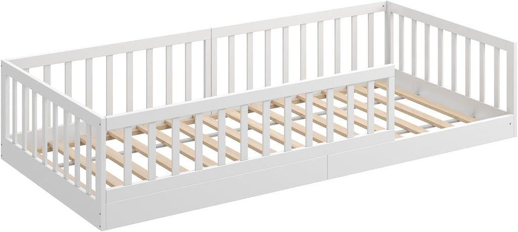 CADANI Timi 2in1 Bodenbett 140x200 cm Montessori Kinderbett mit abnehmbaren Rausfallschutz inkl. Lattenrost, Kiefer Massivholz, weiß - 3 Aufbauvarianten, bis 200 kg belastbar, umbaubar