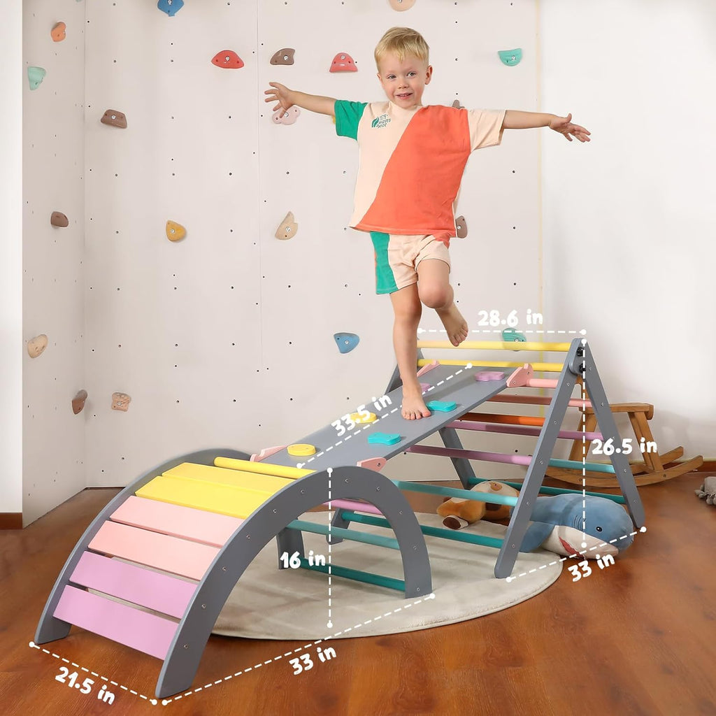Dreieck-Set mit Kissen, 5-in-1 Montessori-Kletterset, faltbar, Kletter-Indoor-Spielplatz-Set für Kleinkinder, Holz-Kletterspielzeug mit Rampe und Kletterbogen für Kinder (Holzfarbe)