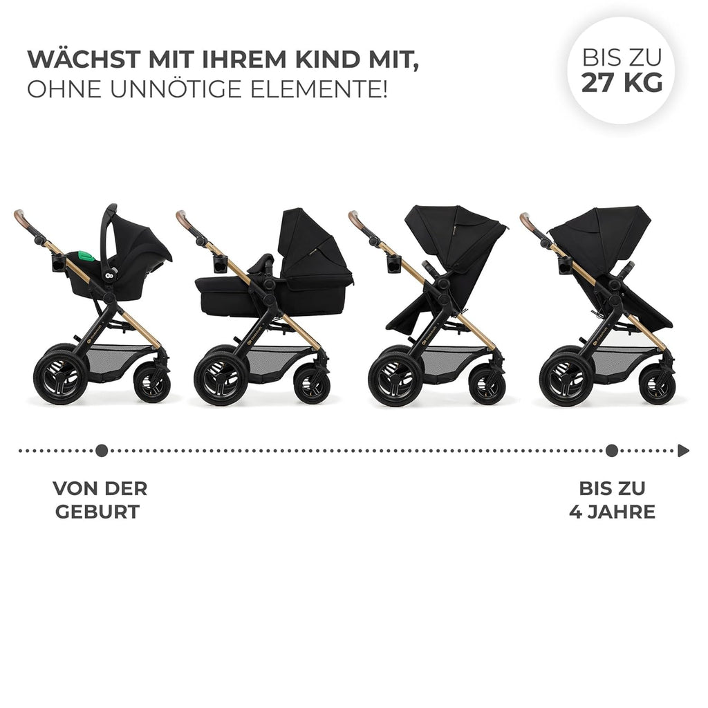 Kinderkraft MOOV2 AIR Kinderwagen 3 in 1 Kinderwagenset bis 26 kg mit Kindersitz I-SIZE 40-75 cm, Buggy Funktion, Liegeposition verstellbar, Große ausziehbare Verdeck, Aufblasbare Räder, Schwarz