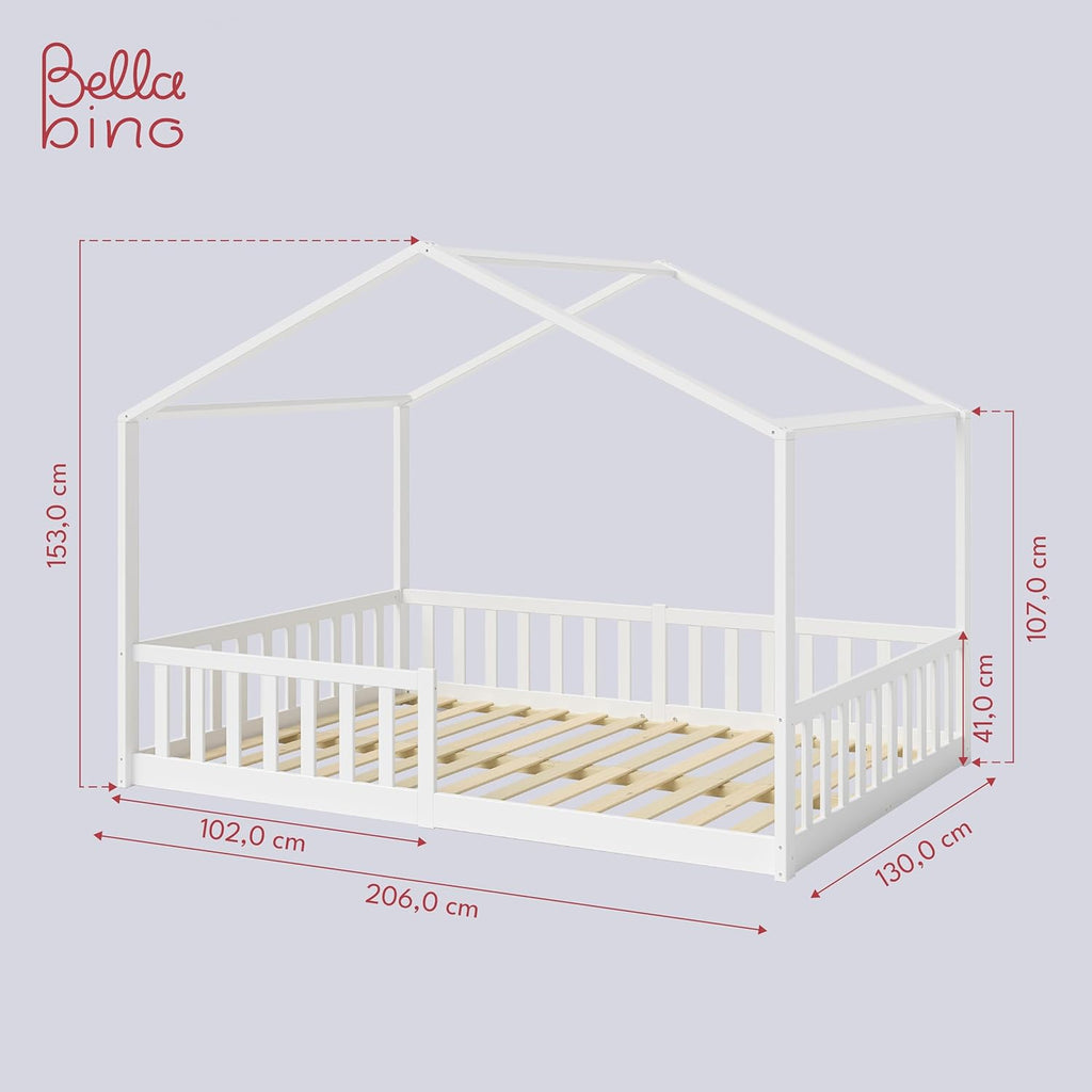 Bellabino Kinderbett Bia 140x200 cm, Hausbett Kinder inkl. Rausfallschutz und Rolllattenrost, Montessori Bodenbett weiß aus Massivholz Kiefer