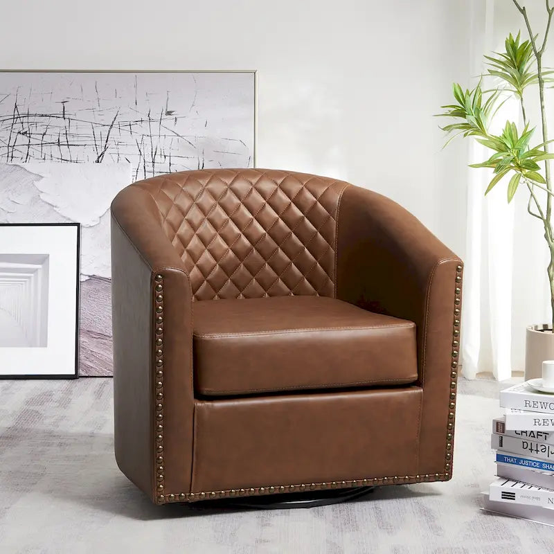 KINWELL 29 Wide Tufted PU Leather Swivel Barrel Chair