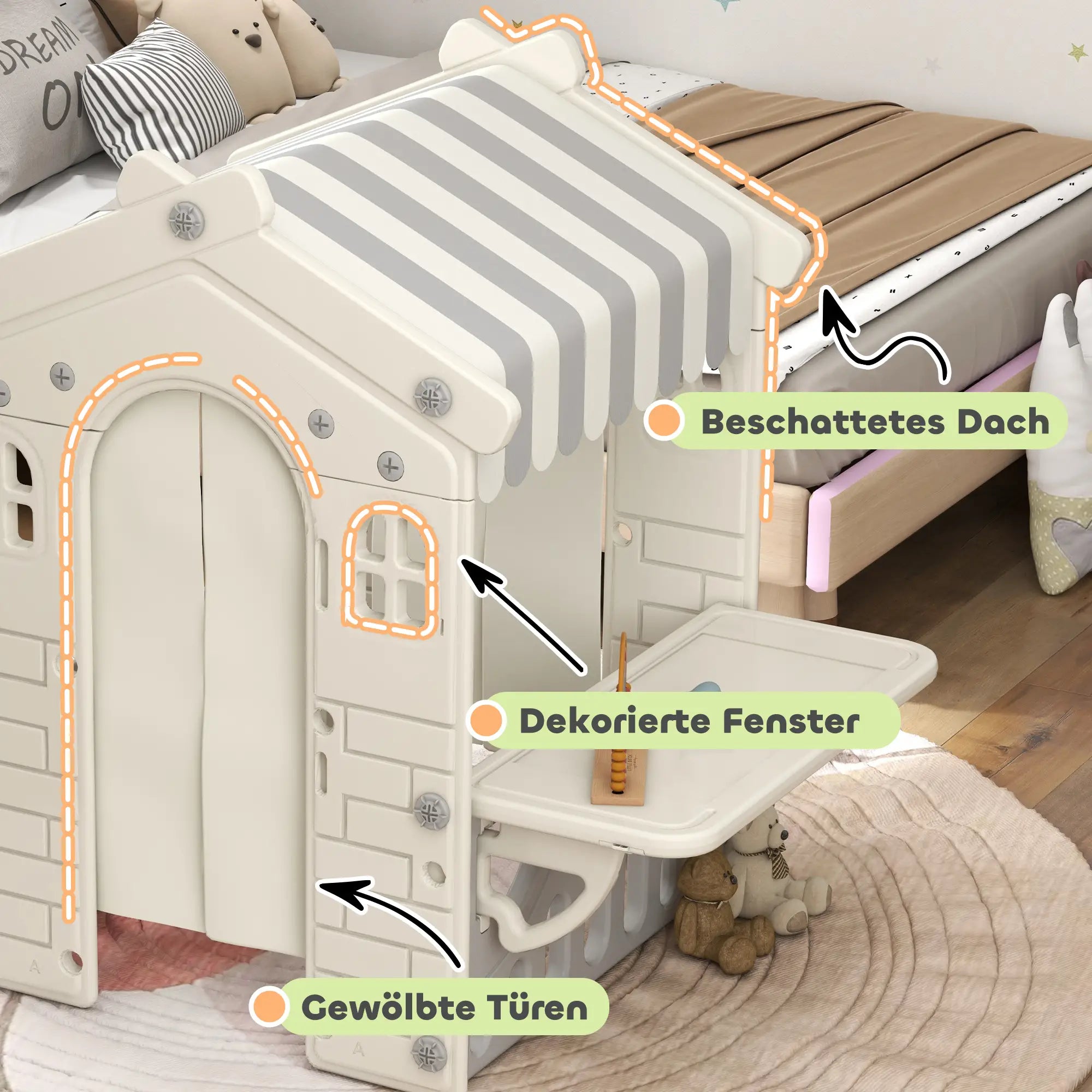 AIYAPLAY Spielhaus Kinderhaus Indoor mit Servierstation & Vorhängen