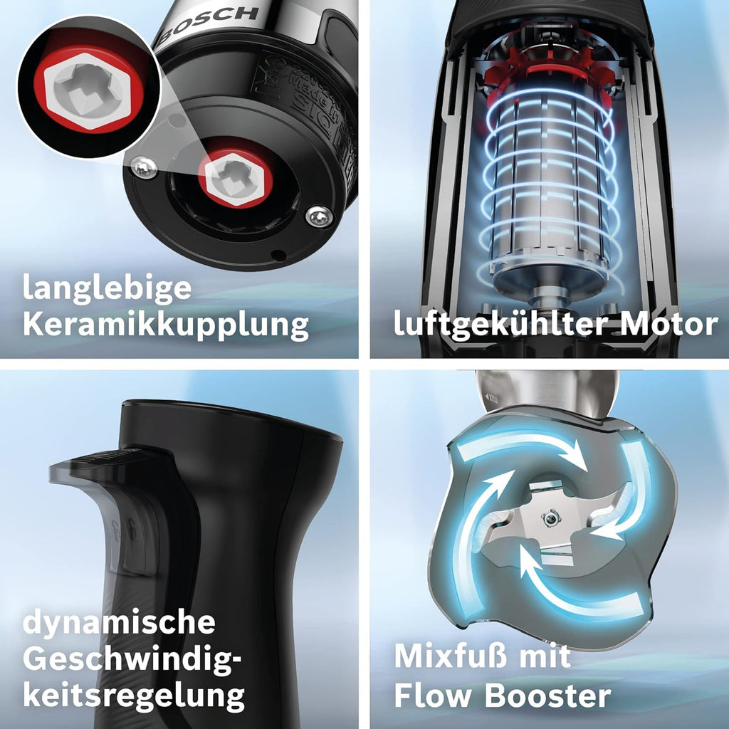 Bosch Stabmixer ErgoMaster Serie 6 MSM6M673, 10 Jahre Motorgarantie, Edelstahl-Klingen, verschleifreie Keramik-Kupplung, Luftkühlung, Zerkleinerer, Kartoffelstampfer, Schneebesen, 1000 W