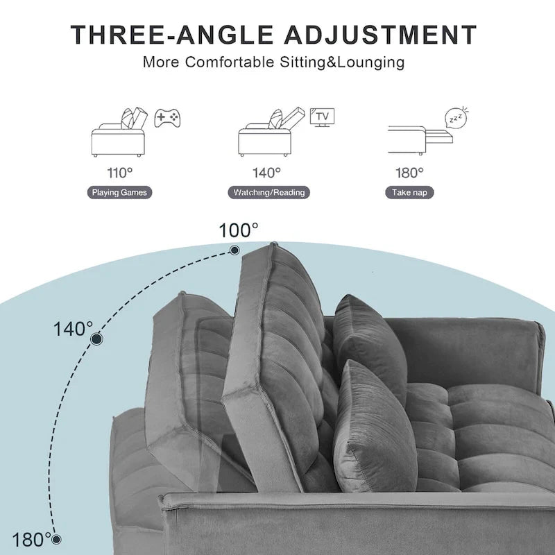 Modern Velvet Futon Loveseat with Reclining Backrest & Pockets, Seats 2 �?Dark Gray / Light Gray / Blue / Black