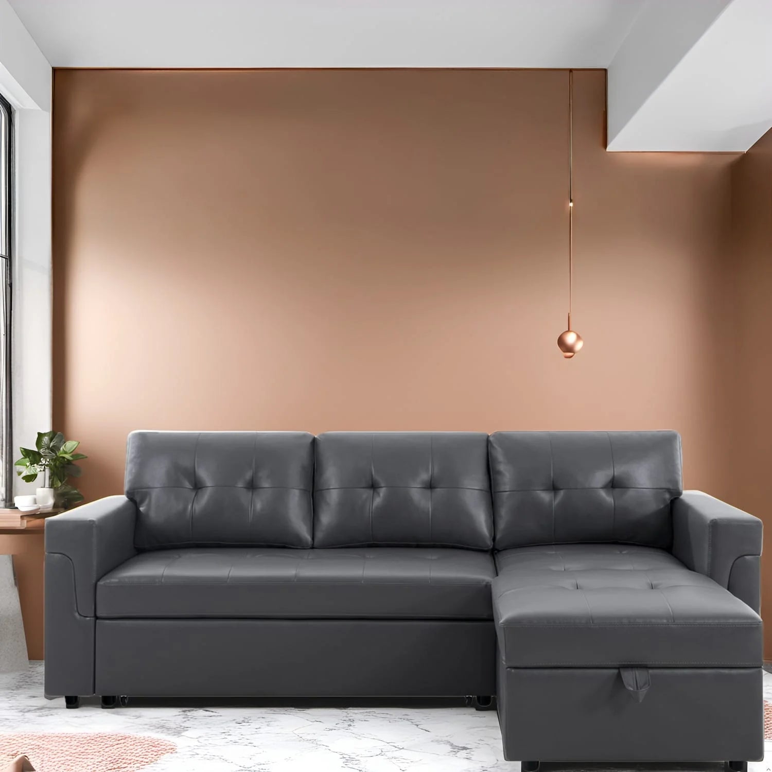 Reversible Sectional Sofa with Pull-Out Sleeper Bed, Hidden Storage Chaise, Durable Legs,