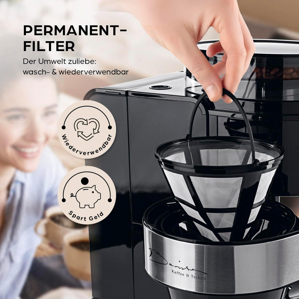 Barista Filterkaffeemaschine mit verstellbarem Mahlwerk & Thermokanne | Warmhaltefunktion, 24h Timer & Permanentfilter | Für 10 Tassen Kaffee | Kaffeemaschine für Bohnen & Pulver [Edelstahl]