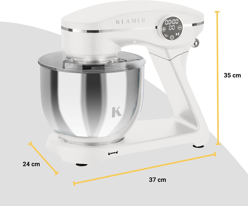 KLAMER Küchenmaschine 1800W, Knetmaschine mit 6 Liter Edelstahl Schüssel, 10 Geschwindigkeitsstufen mit Timer, Rührbesen, Knethaken, Schneebesen und Spritzschutz
