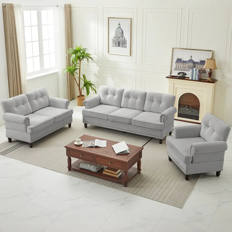 Set of 3 Chenille Sofa Set for Living Room, Button-Tufted & Nailhead Upholstery, Solid Rubberwood Legs
