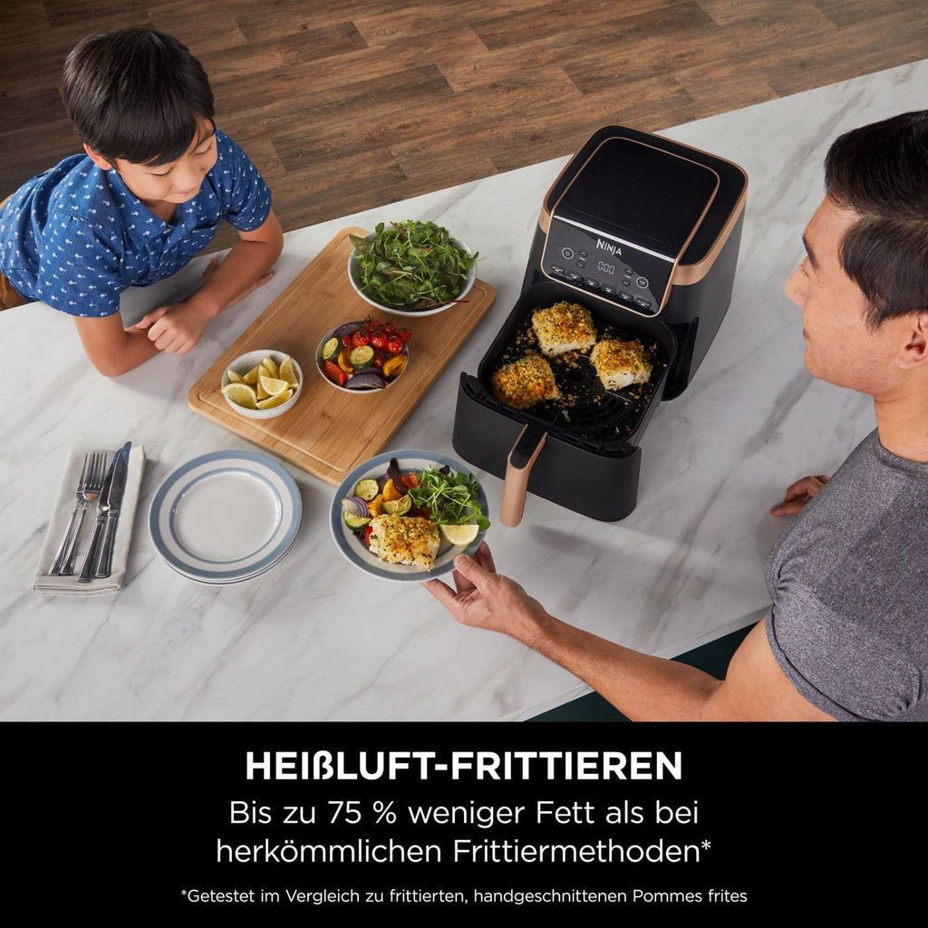 Ninja Heißluftfritteuse MAX PRO, 6,2 L, ölfrei, große Schublade, Rösten, Backen, Air Fry, Antihaftbeschichtet, Spülmaschinenfester Korb & Crisper Gittereinsatz, Silikonzange, Schwarz/Kupfer, AF180EUCP