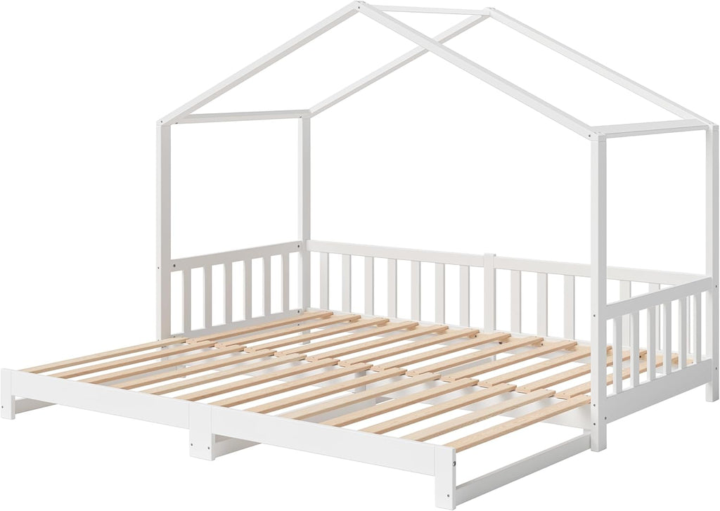 Bellabino Kinderbett Bia 140x200 cm, Hausbett Kinder inkl. Rausfallschutz und Rolllattenrost, Montessori Bodenbett weiß aus Massivholz Kiefer