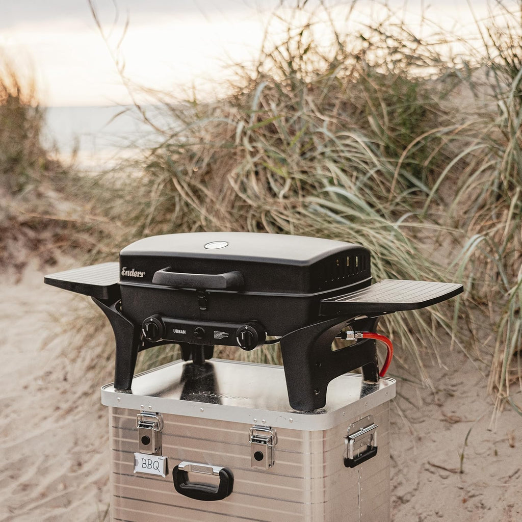 EndersGasgrill Urban II Pro, Tischgrill, Grillen-, Kochen- und Backen Funktion, 2 Brenner Edelstahl, mit Grill-Thermometer, Balkon-, Camping-Grill, Aluguss-Gehäuse, Gusseisen-Rost, #2062
