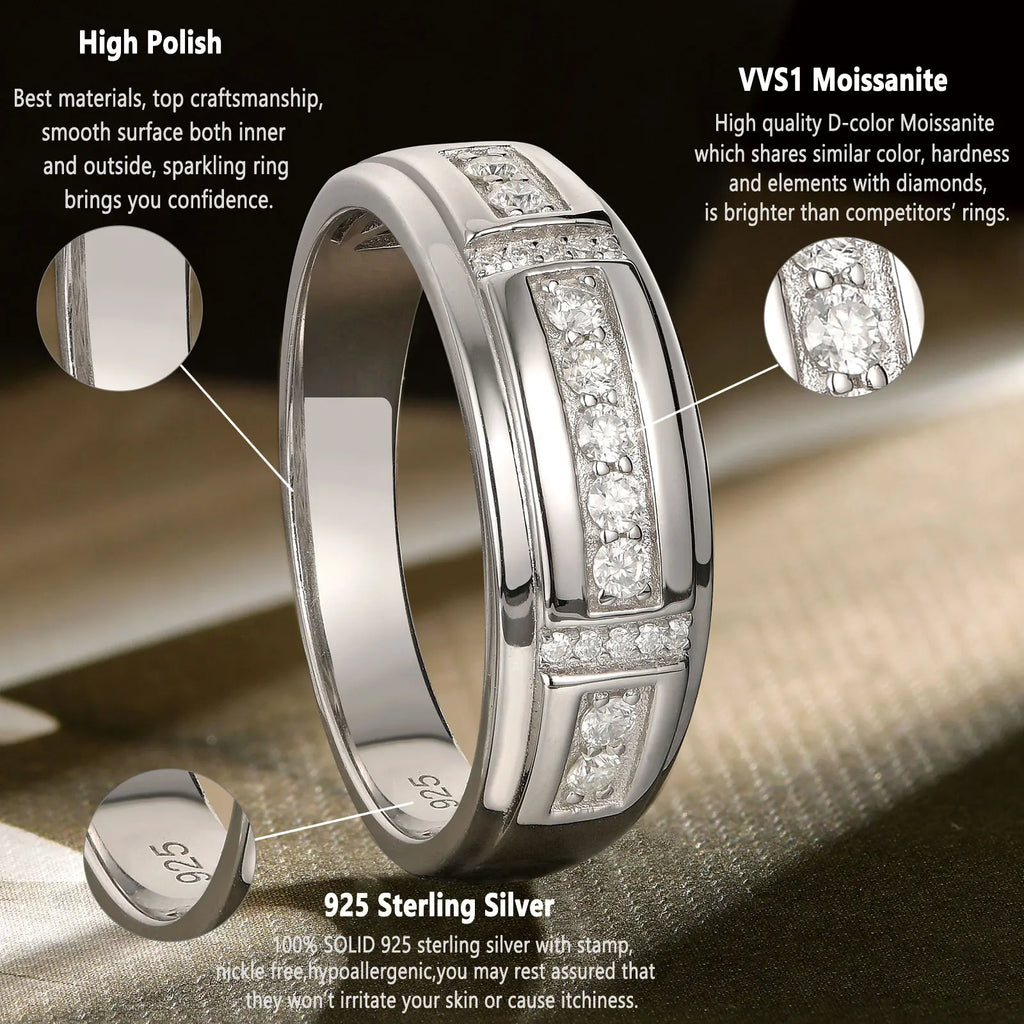 Men's  Elegant Sterling Silver Full Moissanite Ring