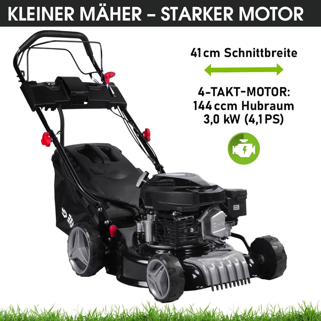 BRAST Benzin Rasenmäher mit Antrieb | 3,0kW (4,1PS) | Elektrostart | 41cm Schnittbreite | viele Modelle | TÜV | 4 Takt OHV Motor | 25-75mm Schnitthöhe | 40L Fangkorb | Stahlgehäuse | 16145 Estart
