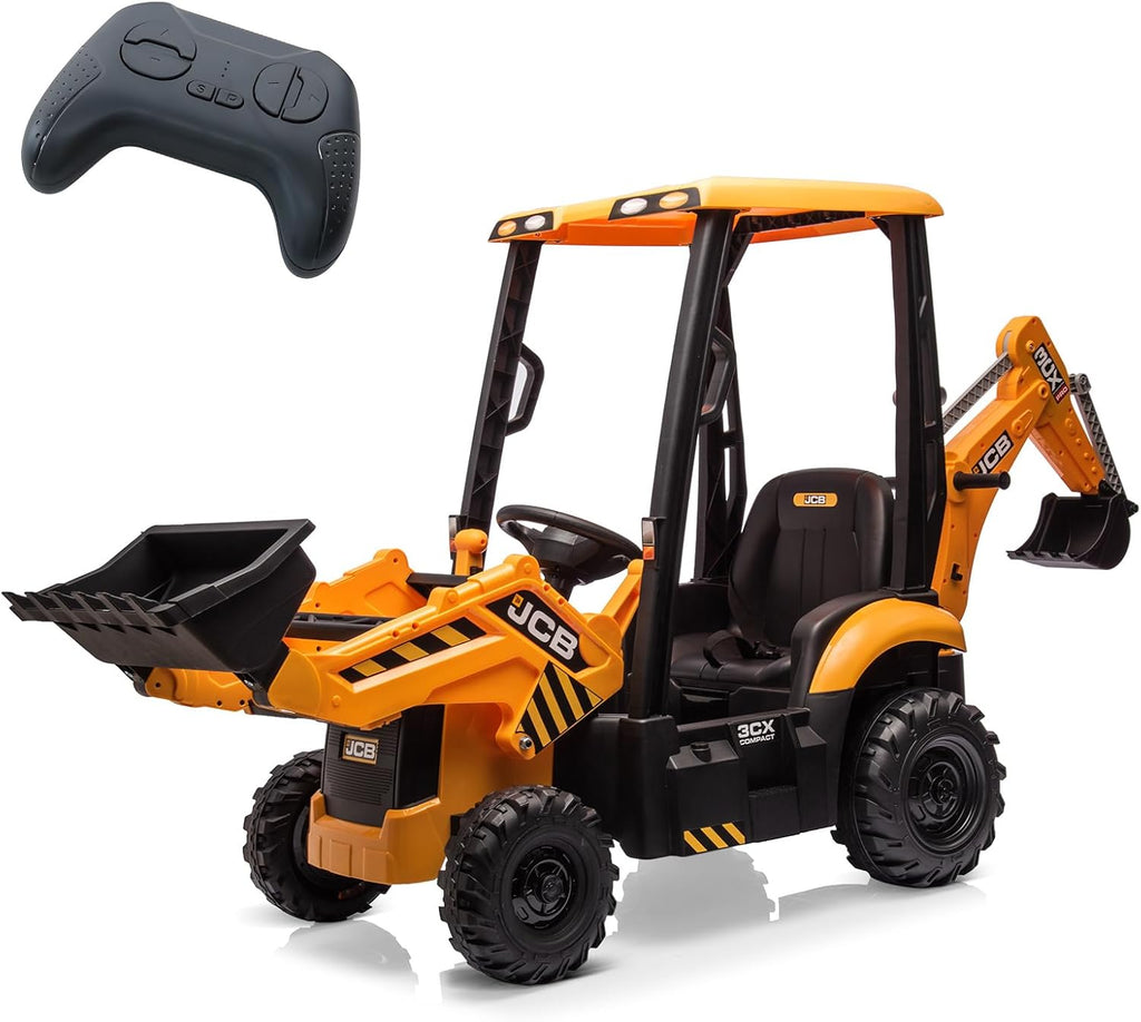 4 in 1 Elektro Bagger & Bulldozer, 12V Kinder Elektrofahrzeuge mit Fernbedienung, Frontlader, Bagger, Hupe, Eva-Reifen, Gelb