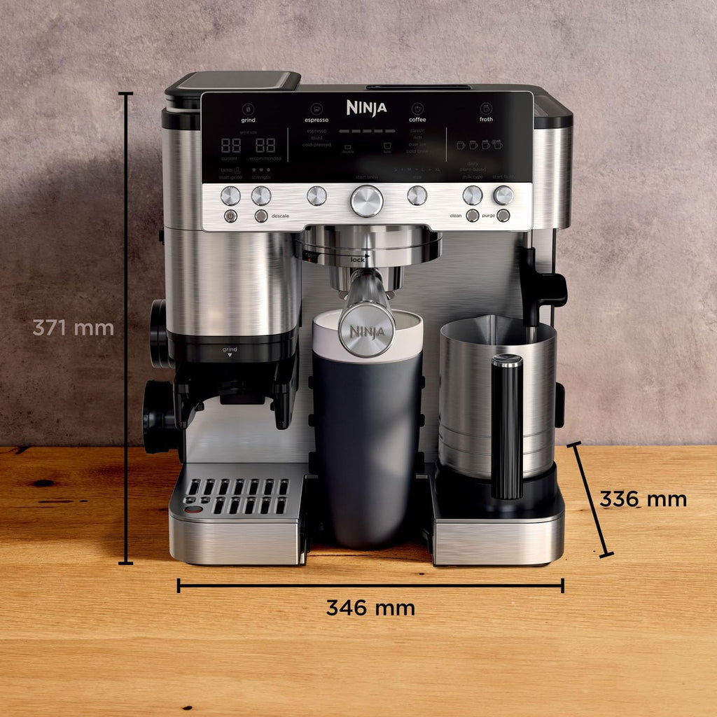 Ninja Luxe Essential 2-in-1-Kaffeemaschine mit Mahlwerk und Aufschäumer für Latte, Cappuccino & Espresso, einfache Handhabung, 2 Voreinstellungen zum Aufschäumen, Silber, ES501EU