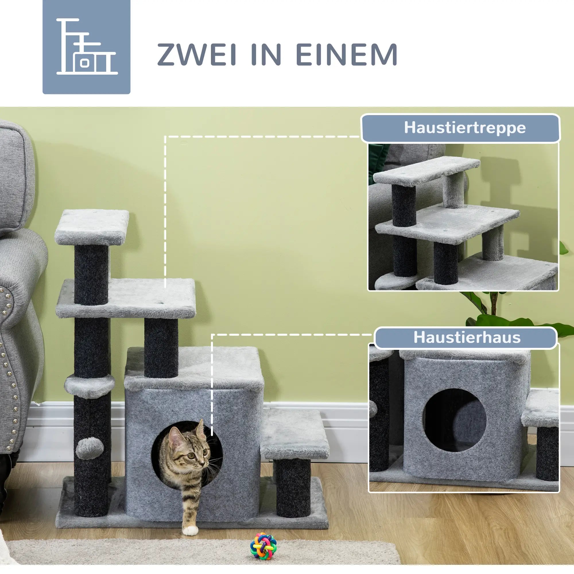 PawHut Katzentreppe höhenverstellbar mit Kratzbaum und Häuschen
