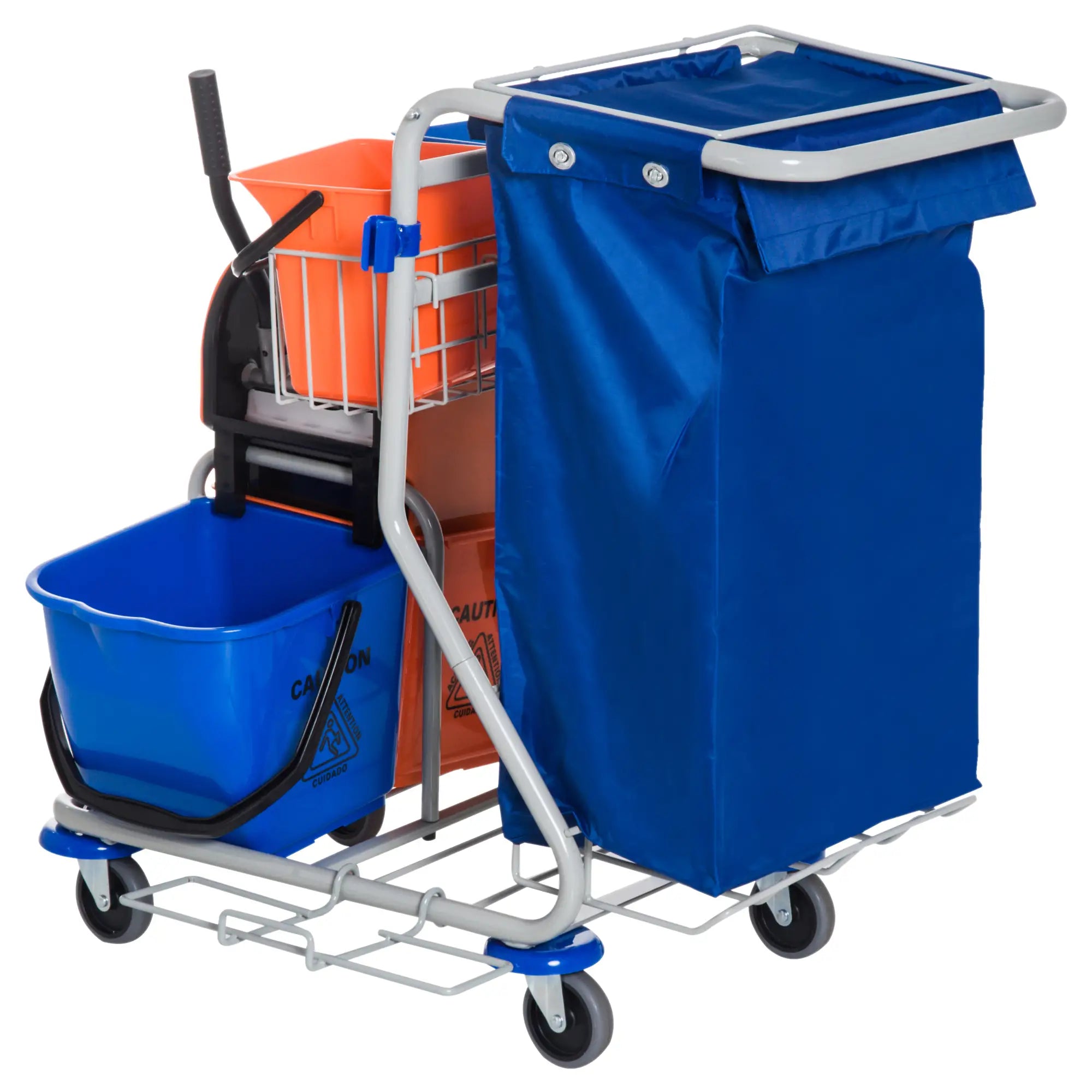 HOMCOM Reinigungswagen Putzwagen 4 Eimer Mopp-Presse Abfallsack