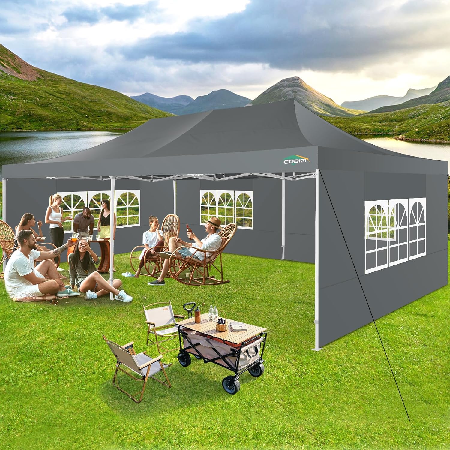 COBIZI 10x20 Heavy Duty Pop up Canopy Tent with 6 sidewalls Easy Up Commercial Outdoor Canopy Wedding Party Tents for Parties All Season Wind & Waterproof Gazebo with Roller Bag,Black(Frame Thickened)