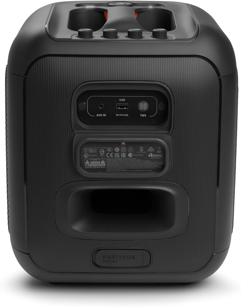 JBL PartyBox Encore – Tragbarer Party-Lautsprecher für drinnen und draußen – Mit eingebauten Lichtern, IPX4-Design und tiefem Bass – 10 Stunden Laufzeit – Schwarz
