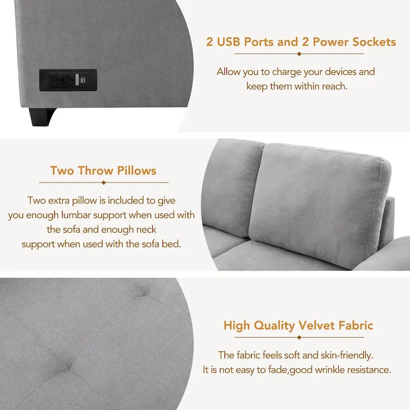 84.75 L-Shaped 5-Seat Sleeper Sectional Sofa with Storage Ottoman, Hidden Arm Storage, and USB Charging for Living Room