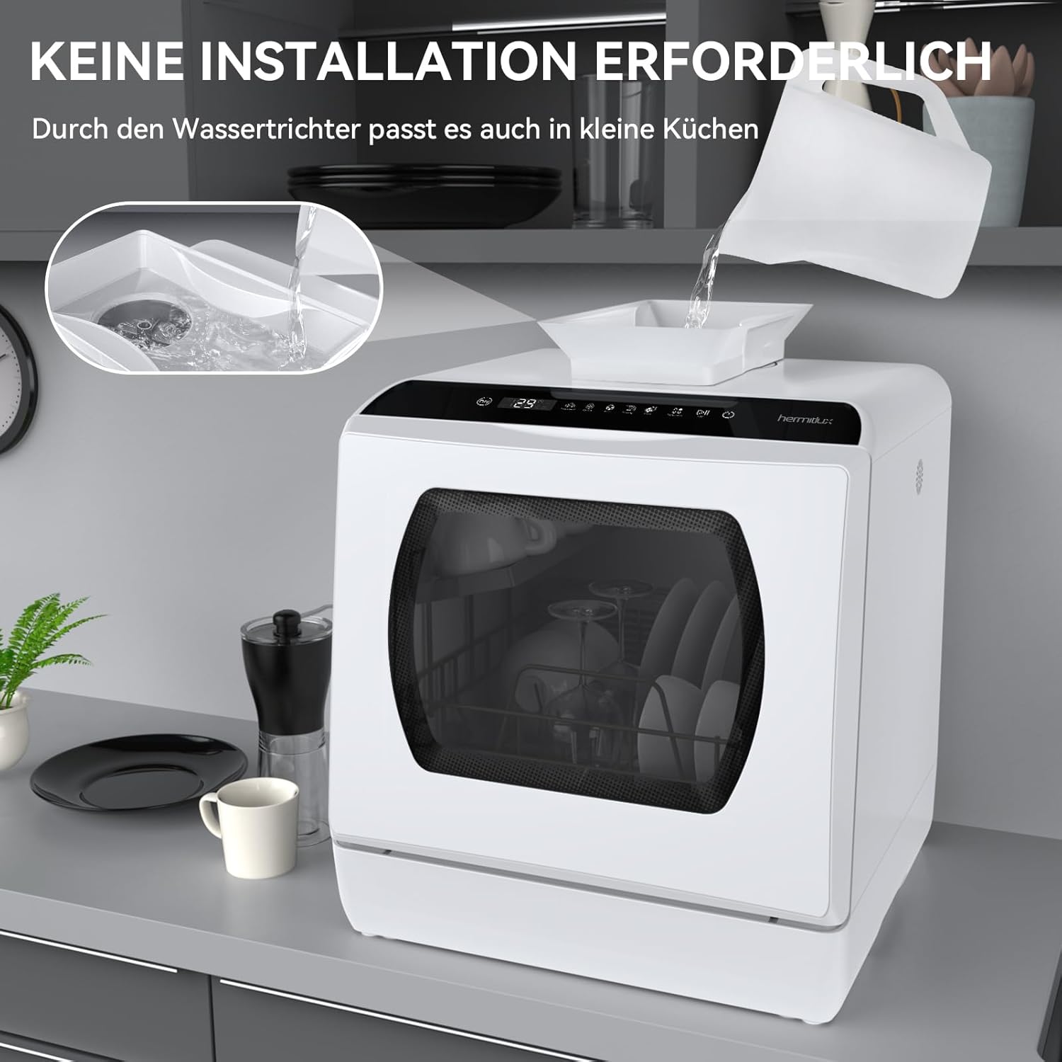 Hermitlux Mini Geschirrspüler, Spülmaschine für 4 Bestecksätze, 5 Liter Wassertank, 6 Programme Mini Tischgeschirrspüler, Perfekt für Wohnungen, Schlafsäle, Camping, Weiß
