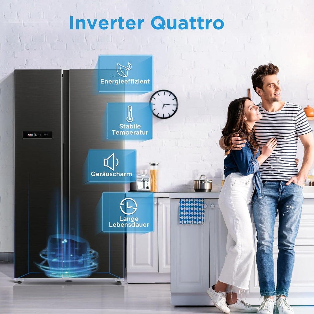 Midea KS-DDX 6.32 WT Side-by-Side Kühl-/Gefrierkombination/ 178,8 cm Hhe/ 254 kWh/Jahr/No Frost/Dual Inverter Compressor/mit 3in1 Wasser-/Eisspender und Wassertank, Dark Inox