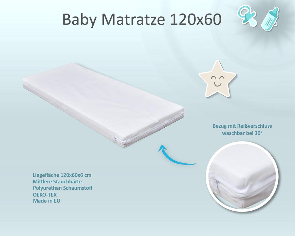Baby Delux Babybett 60x120 weiß Kinderbett umbaubar zum Juniorbett Schublade Matratze Teddy Wippe Motiv