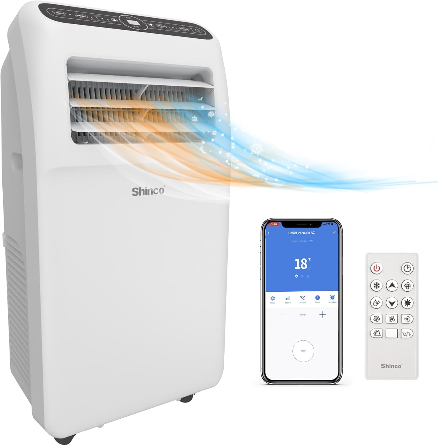 SHINCO Mobile Klimaanlage mit Abluftschlauch, 9000BTU, 2,6 kW, Kühlen&Ventilieren&Entfeuchten, Mobiles Klimagert mit Schlafmodus, Raumgre bis 22㎡, 24-Stunden-Timer