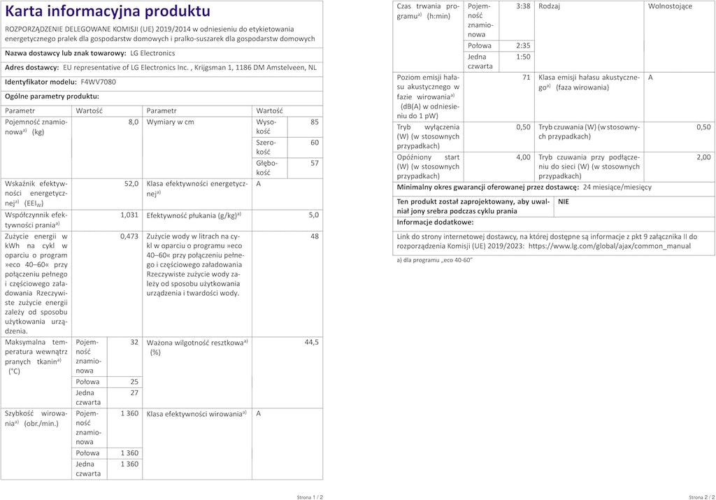 LG F4WV7080, Klasse A, Frontlader-Waschmaschine 8 kg, 1400 U/Min, AI Direct Drive, Wi-Fi, Tiefenreinigung mit Dampf, Große Kapazität, TRIPLE A, Außentür aus Sicherheitsglas, 62 x 60 x 85 cm ꟷ Weiß