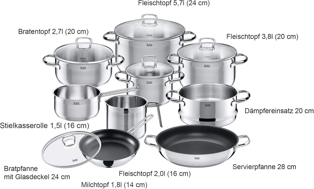 Silit Toskana Topfset induktionsgeeignet 10-teilig, Kochtopf Set mit Glasdeckel, Induktionskochtöpfe, Milchtopf, Dämpfer, Pfanne, Edelstahl teilmattiert, Induktions Töpfe Set unbeschichtet