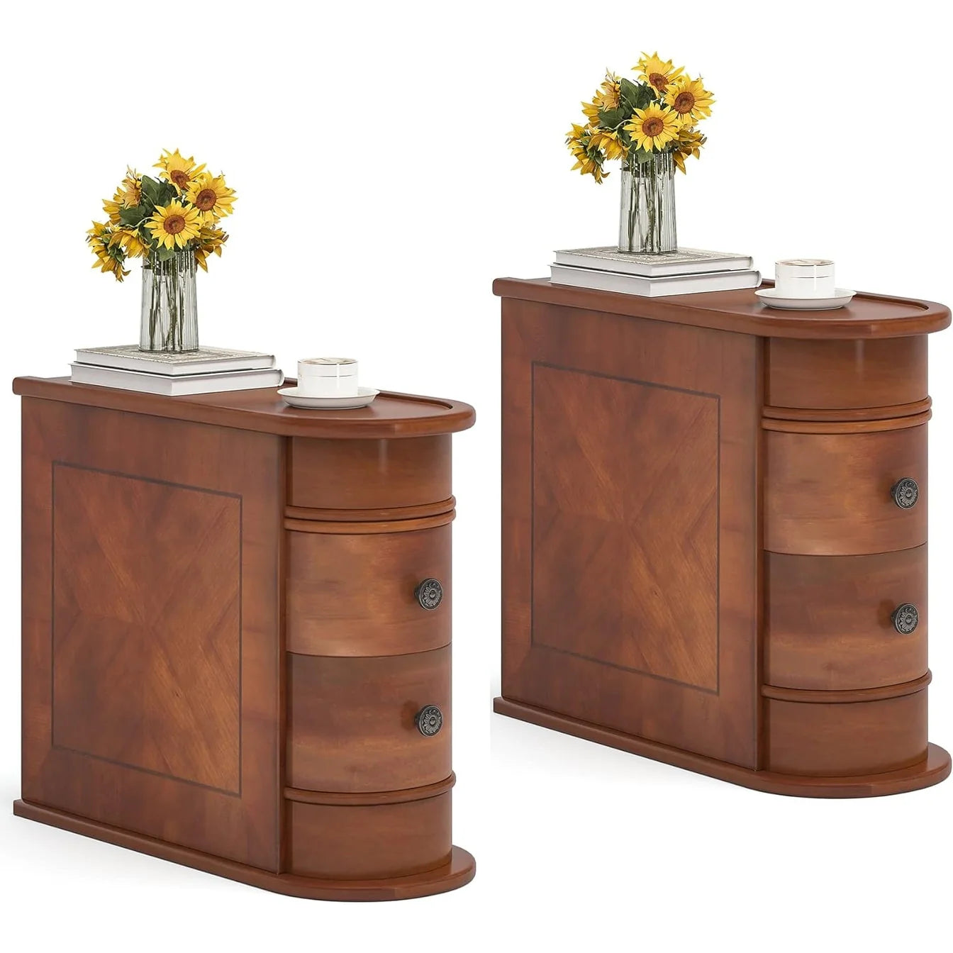 Solid Wood Chairside End Table, Two-Drawer Narrow Side Table Slim
