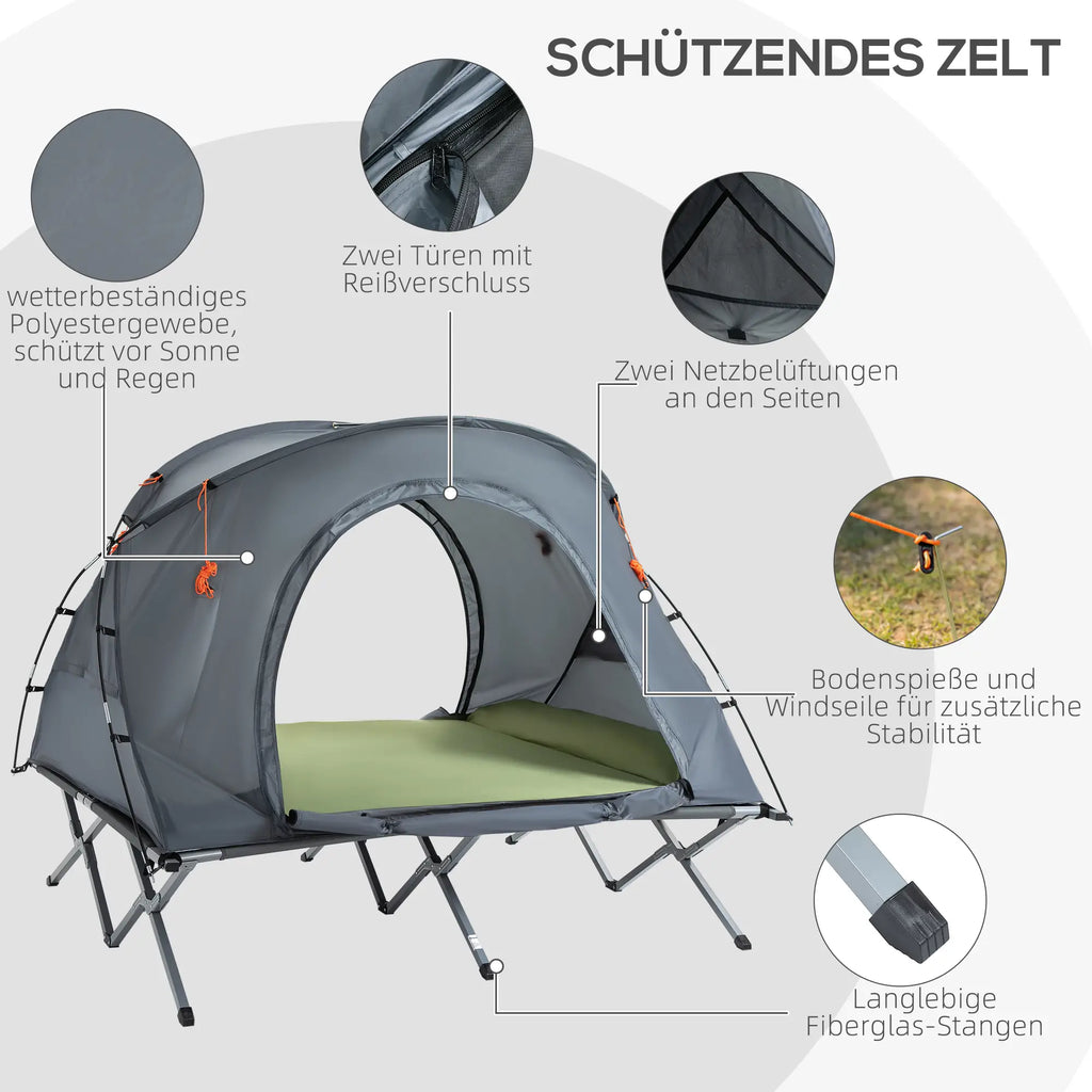 Outsunny Campingbett mit Zelt & Luftmatratze für 2 Personen, 200×146×159 cm, Grau
