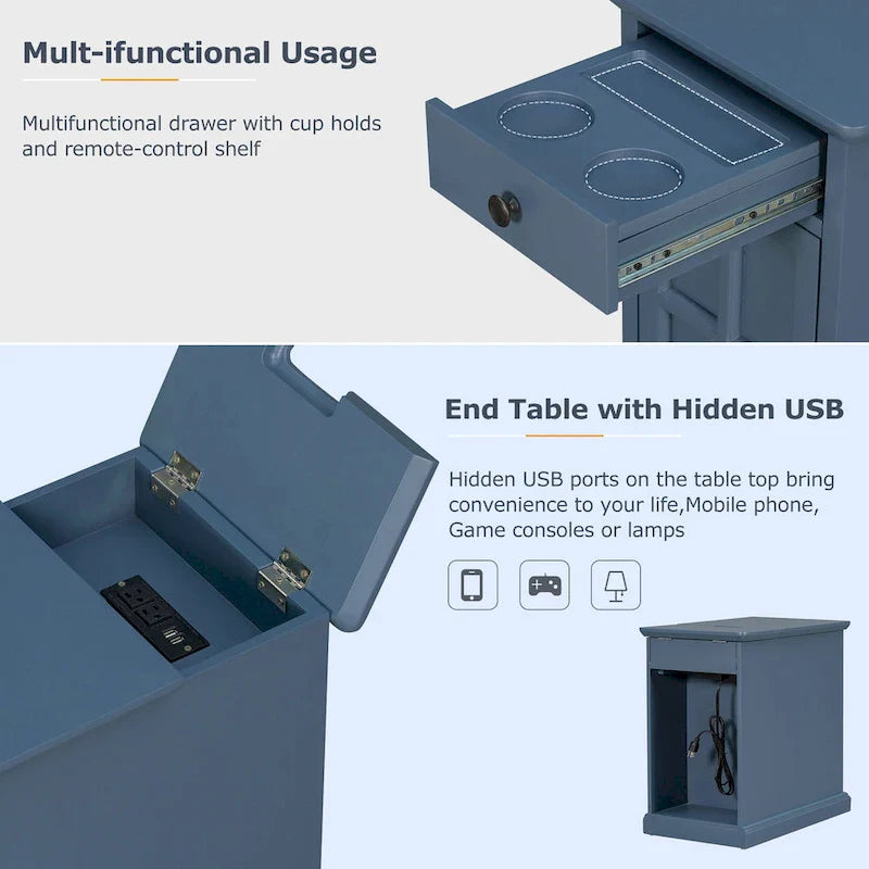 Classic Vintage End Table Side Table with USB Ports and 1 Multifunctional Drawer with Cup Holders