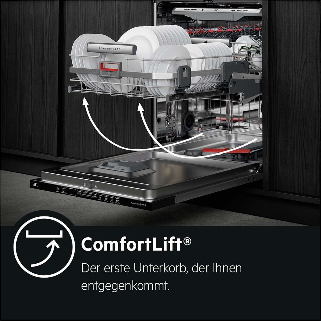 AEG Vollintegrierter Geschirrspüler 60cm, Spülmaschine Serie 7000: mit Glasschutz, Energieklasse A, Besteckschublade, personalisierte Zeit-Steuerung, leise 41dB, ComfortRails, Wasserstopp, FSE7676AP