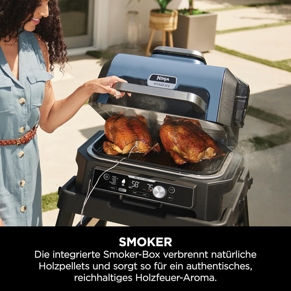 Ninja Woodfire Electric BBQ Grill & Smoker & Air Fryer, 7-in-1 Outdoor BBQ Grill, Air Fry, Smoke, Roast, Bake and more, Weather Resistant, Non-Stick, Portable, Electric, Grey/Black OG701EU