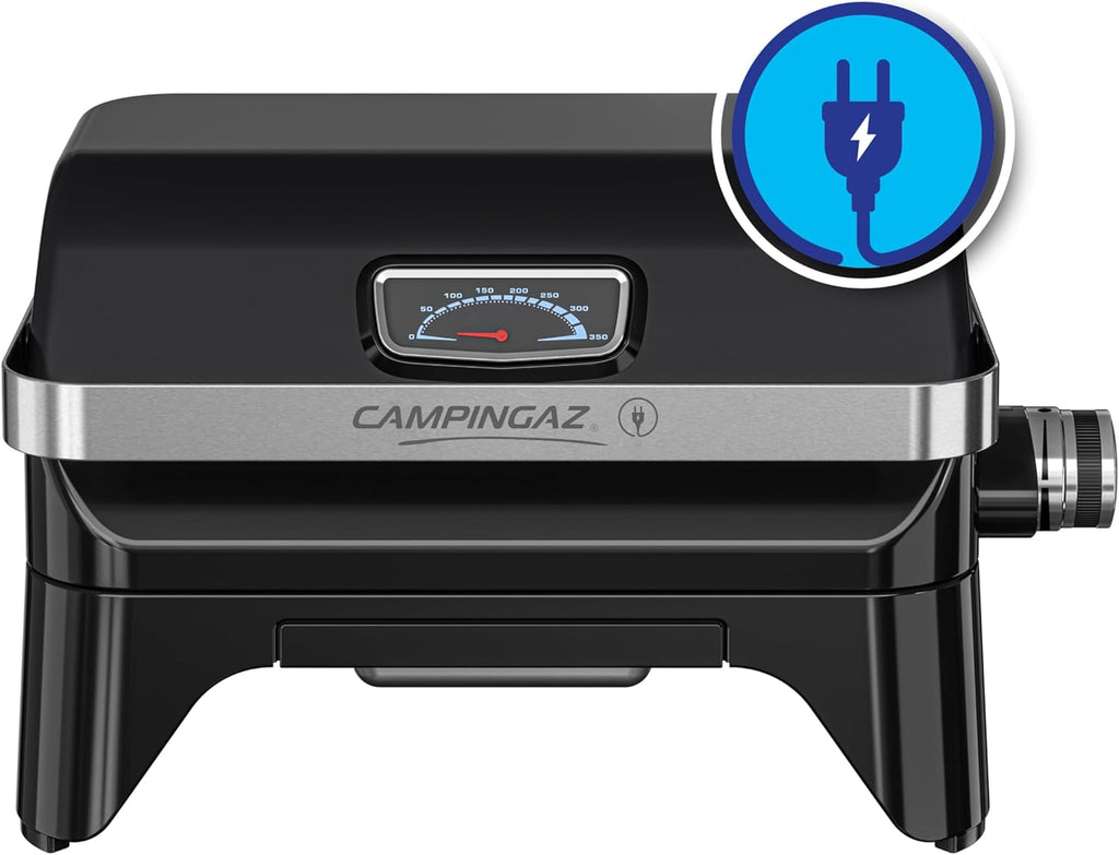 Campingaz Grill Attitude2go, Gasgrill & Elektrogrill, Tischgrill, tragbarer Balkon-, Camping-Grill, mit Deckel, Thermometer und Gusseisen-Grillrost, Betrieb mit Gas oder Elektro