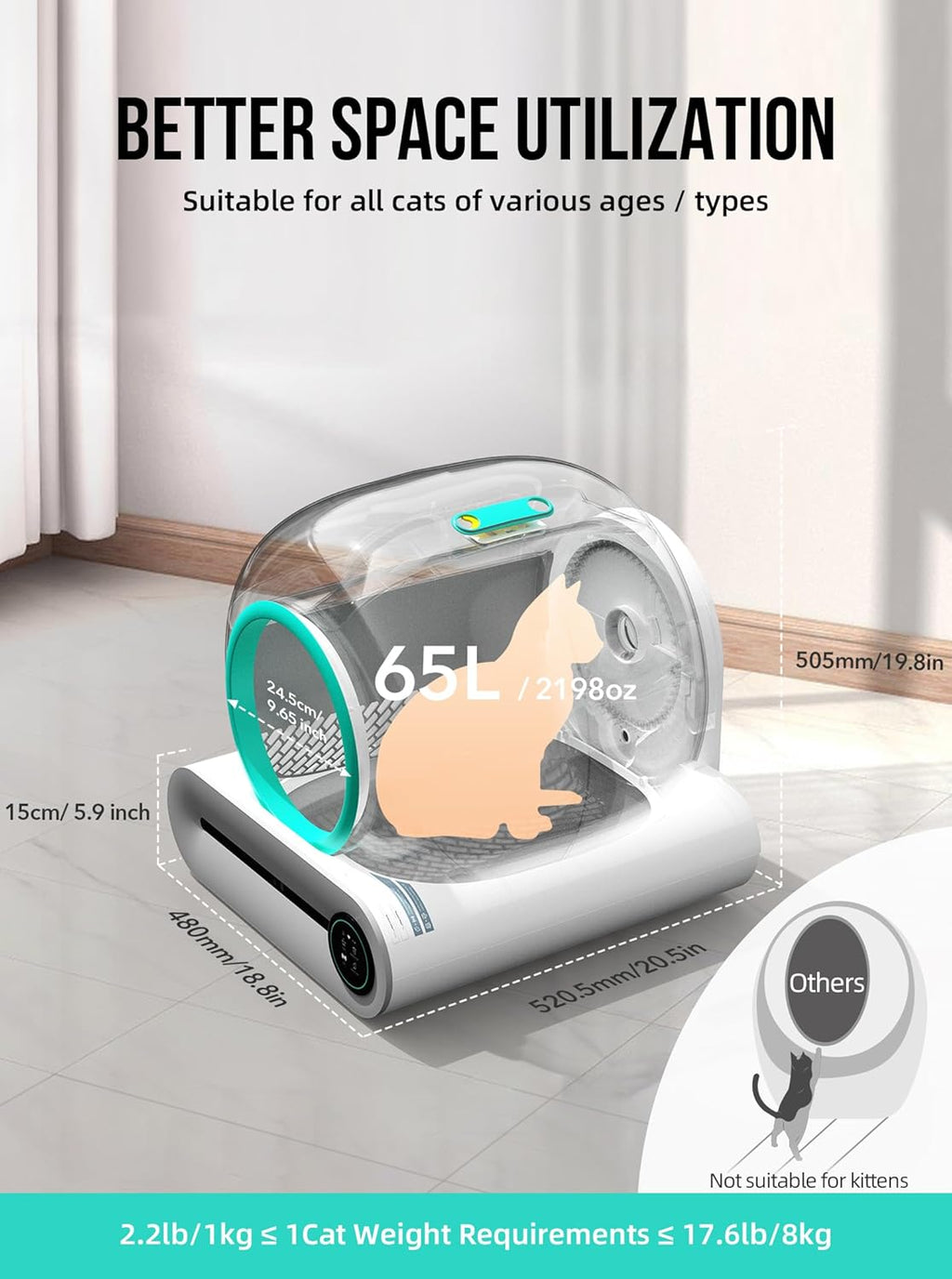 Selbstreinigende Katzentoilette, Automatische Katzentoilette mit Matte und Einlagen, 65 l + 9 l große Kapazität, Selbstreinigende Katzentoilette, App-Steuerung/Geeignet für mehrere Katzen – Grau